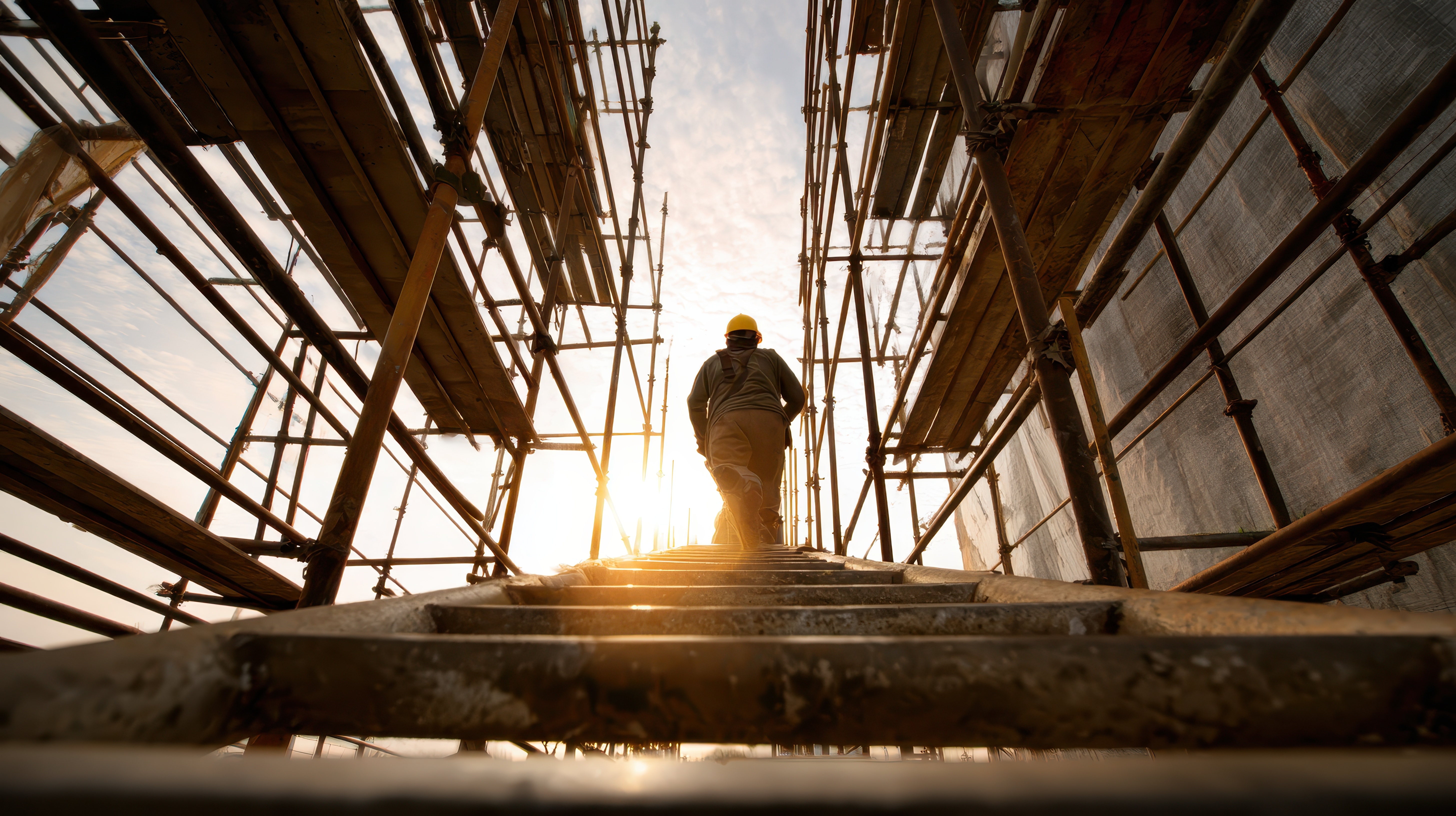 Man with hard hat on, walking up ladder in between scaffolding buildings