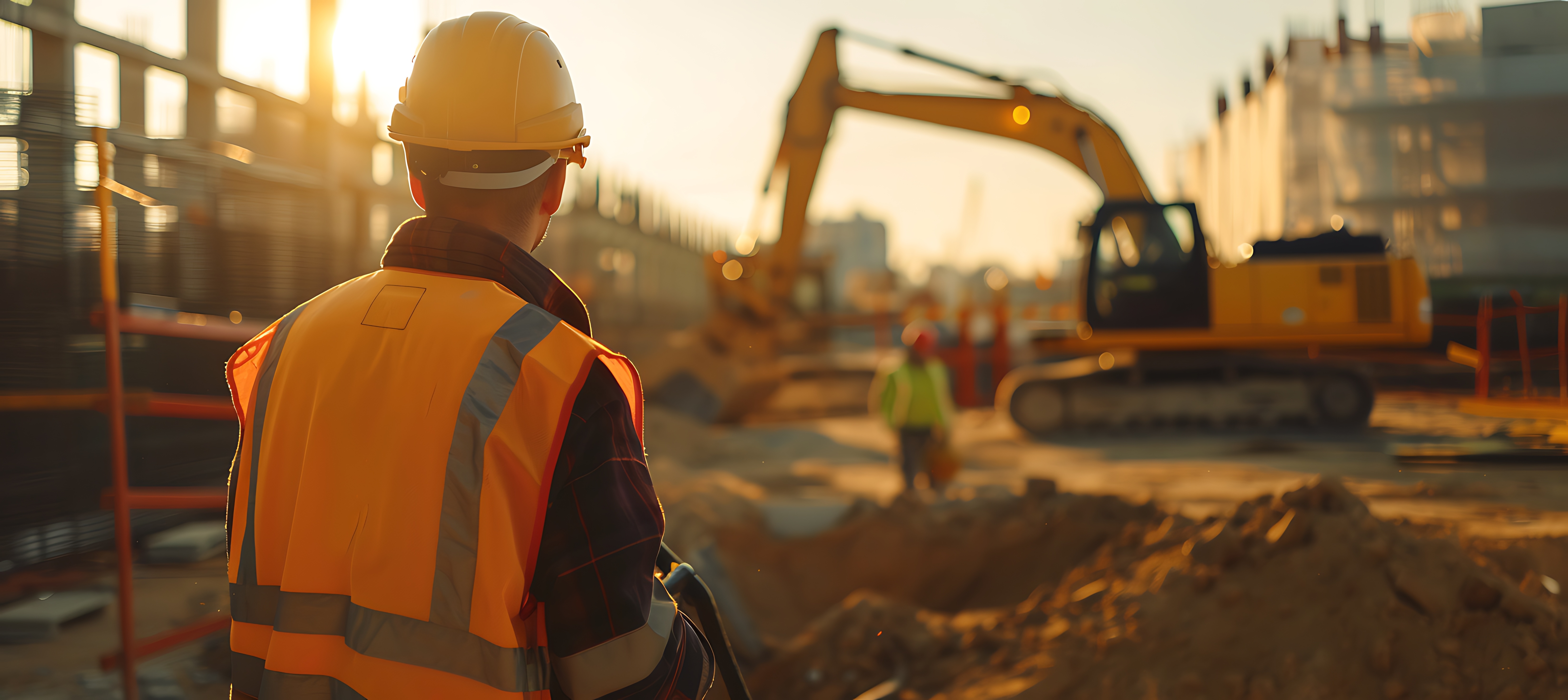 Image of Male Builder on Construction site, in front of yellow digger