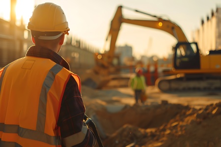 Image of Male Builder on Construction site, in front of yellow digger