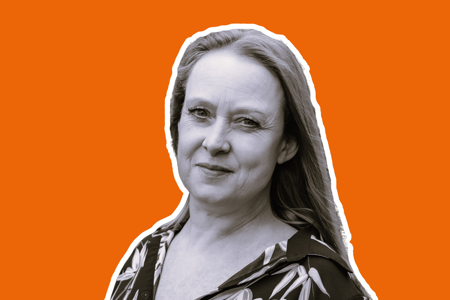 Headshot of Rebecca Parr on orange background