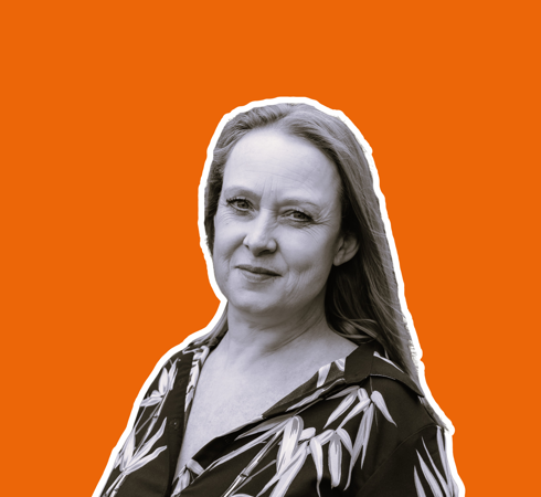 Headshot of Rebecca Parr on orange background